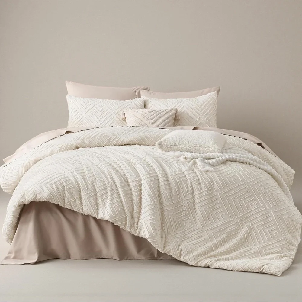 NEW Anthro Beige Diamond Tufted Queen / King Boho Comforter Bedding & Sham Set